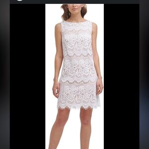 NWOT JESSICA HOWARD SLEEVELESS KNEE LENGTH WHITE LACE OVERLAY NUDE LINING SZ 10